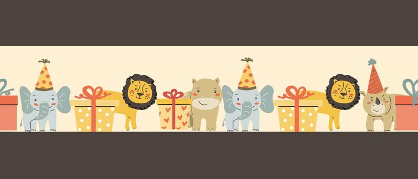 Childrens animals background, cute african jungle and tropical animal border for textile, cover, wrapping paper. Celebration animals border for birthday, other holidays.