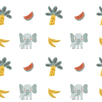 Childrens animals pattern with tropical plants. Childish cute print design with african animals and palm and hand drawn elements. Kids nursery scandinavian cartoon characters.