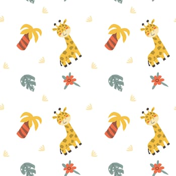Childrens animals pattern with tropical plants. Childish cute print design with african animals and palm and hand drawn elements. Kids nursery scandinavian cartoon characters.