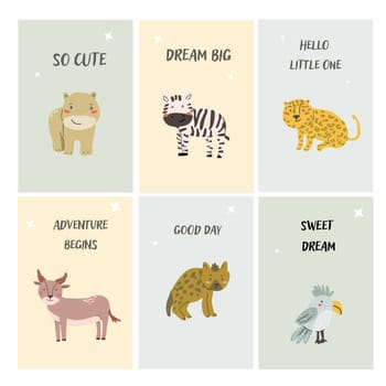 Childrens animals posters set. Nursery design. Cute baby african animals cards. Hand drawn wild pets posters collection.
