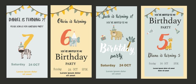 Childrens birthday invitation posters set. Can used for birthday party, childish design. Cute animals and gifts. Tropical animals party invite backgrounds set.