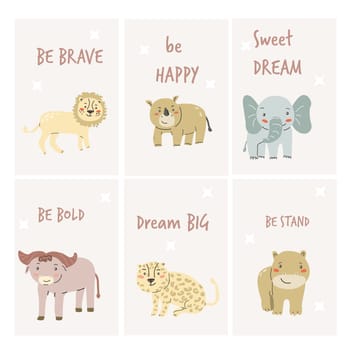 Childrens animals posters set. Nursery design. Cute baby african animals cards. Hand drawn wild pets posters collection.