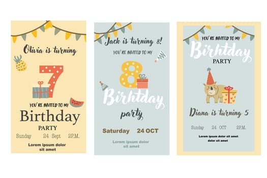 Childrens birthday invitation posters set. Can used for birthday party, childish design. Cute animals and gifts. Tropical animals party invite backgrounds set.