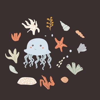 Childrens sea animal background with shell. Nautical elements card. Cute fish or ocean inhabitant with seaweed. Sea wild life, marine animals with plants for cover design, cloth