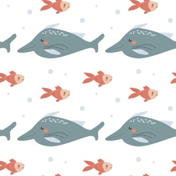 Childrens sea animals pattern, childish ocean marine life seamless background. Nursery baby animals print. Underwater inhabitants collection background for kids textile, clothes, wallpapers.