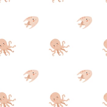 Childrens sea animals pattern, childish ocean marine life seamless background. Nursery baby animals print. Underwater inhabitants collection background for kids textile, clothes, wallpapers.