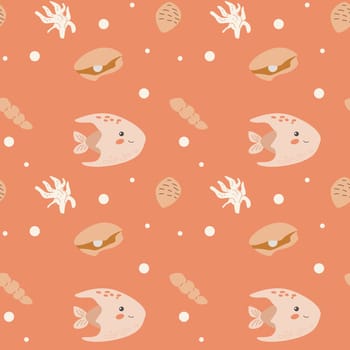 Childrens sea animals pattern, childish ocean marine life seamless background. Nursery baby animals print. Underwater inhabitants collection background for kids textile, clothes, wallpapers.