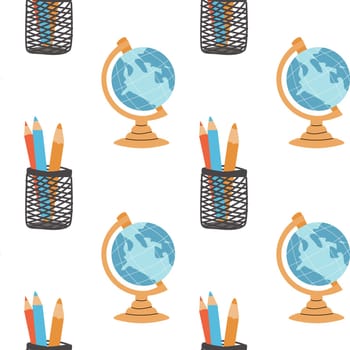 Childrens fashion school pattern. Back to school or kindergarten supplies seamless background. Hand drawn education elements design. Print for fabric, textile, wrapping paper.