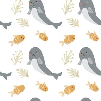 Childrens sea animals pattern, childish ocean marine life seamless background. Nursery baby animals print. Underwater inhabitants collection background for kids textile, clothes, wallpapers.