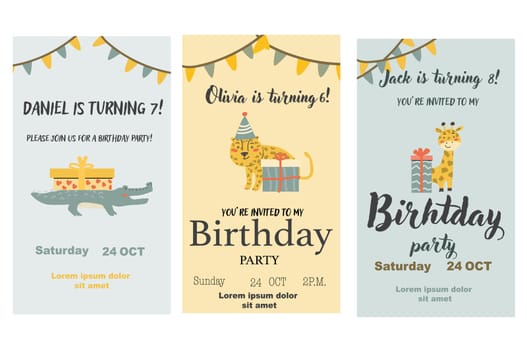 Childrens birthday invitation posters set. Can used for birthday party, childish design. Cute animals and gifts. Tropical animals party invite backgrounds set.
