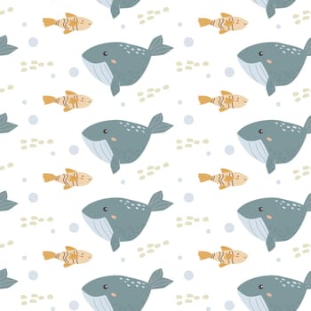 Childrens sea animals pattern, childish ocean marine life seamless background. Nursery baby animals print. Underwater inhabitants collection background for kids textile, clothes, wallpapers.