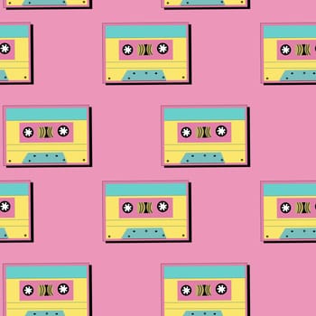 90s music background with audio equipment from 00s. Retro fashion seamless pattern with cassette. Geometry shapes and other 90s elements background.