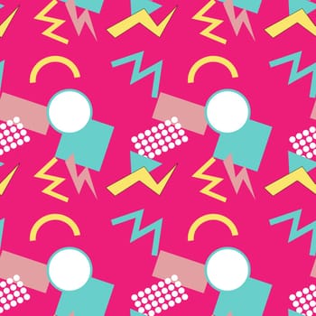 90s music background with audio equipment from 00s. Retro fashion seamless pattern with cassette. Geometry shapes and other 90s elements background.