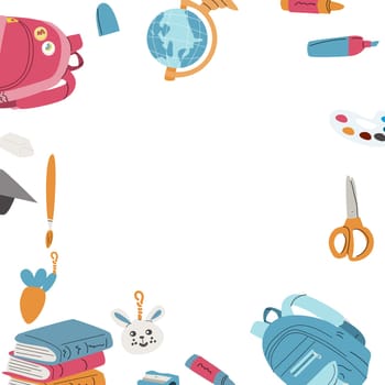 Back to school, kindergarten banner or frame. Children school elements, pencils background with copy space. Children supplies, cute design. Can used for poster, sale banner.