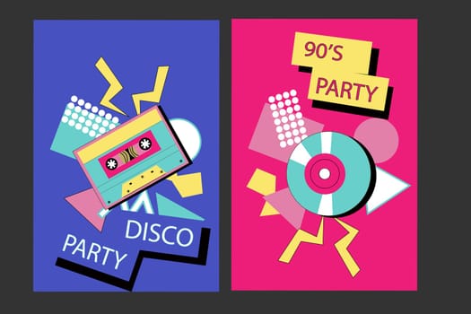 90s music background. Retro disco posters set with y2k or 00s elements. Game or music equipment, laptop from 90s. Bright background for social network.