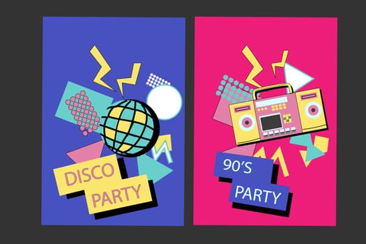 90s music background. Retro disco posters set with y2k or 00s elements. Game or music equipment, laptop from 90s. Bright background for social network.