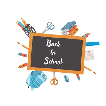 Back to school, kindergarten banner or frame. Children school elements, pencils background with copy space. Children supplies, cute design. Can used for poster, sale banner.