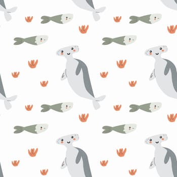 Childrens sea animals pattern, childish ocean marine life seamless background. Nursery baby animals print. Underwater inhabitants collection background for kids textile, clothes, wallpapers.