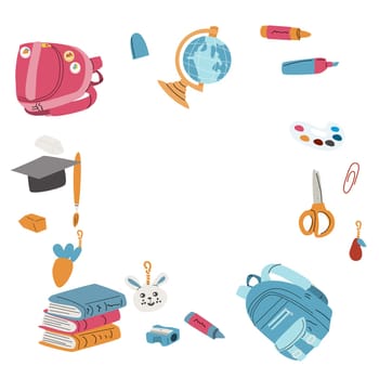 Back to school, kindergarten banner or frame. Children school elements, pencils background with copy space. Children supplies, cute design. Can used for poster, sale banner.