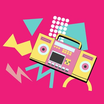 90s music background. Retro disco banner with y2k or 00s elements. Game or music equipment, laptop from 90s. Bright banner for social network.