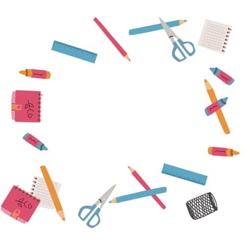 Back to school, kindergarten banner or frame. Children school elements, pencils background with copy space. Children supplies, cute design. Can used for poster, sale banner.