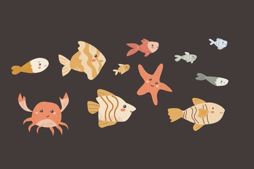 Cute childrens sea animals set. Marine underwater elements collection. Ocean inhabitants set of fish, crab and other cute characters. Wild aquatic creatures in childish naive hand drawn style.