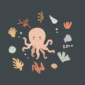 Childrens sea animal background with shell. Nautical elements card. Cute fish or ocean inhabitant with seaweed. Sea wild life, marine animals with plants for cover design, cloth