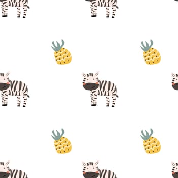 Childrens animals pattern with tropical plants. Childish cute print design with african animals and palm and hand drawn elements. Kids nursery scandinavian cartoon characters.