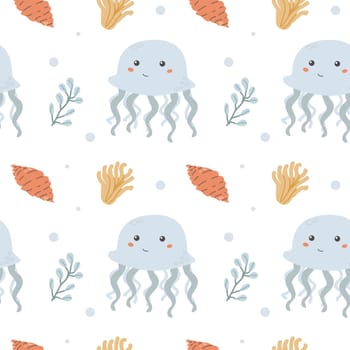 Childrens sea animals pattern, childish ocean marine life seamless background. Nursery baby animals print. Underwater inhabitants collection background for kids textile, clothes, wallpapers.