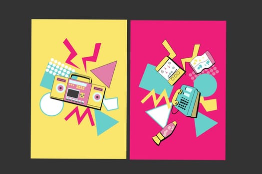 90s music background. Retro disco posters set with y2k or 00s elements. Game or music equipment, laptop from 90s. Bright background for social network.