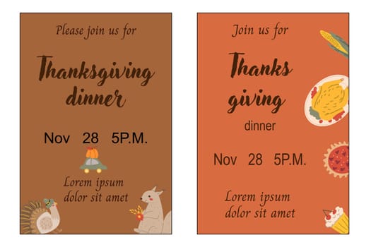 Fall thanksgiving invitation set. Autumn turkey day holiday posters. Invite to dinner, seasonal party thanksgiving template. Hand drawn autumn fall thanksgiving backgrounds collections.