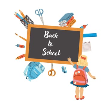 Back to school, kindergarten banner or frame. Children school elements, pencils background with copy space. Children supplies, cute design. Can used for poster, sale banner.