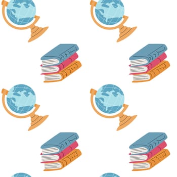 Childrens fashion school pattern. Back to school or kindergarten supplies seamless background. Hand drawn education elements design. Print for fabric, textile, wrapping paper.