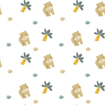 Childrens animals pattern with tropical plants. Childish cute print design with african animals and palm and hand drawn elements. Kids nursery scandinavian cartoon characters.