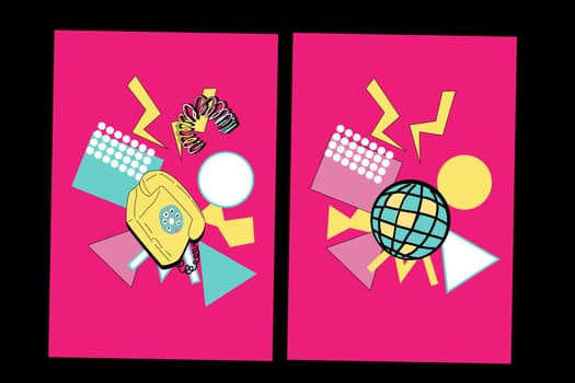 90s music background. Retro disco posters set with y2k or 00s elements. Game or music equipment, laptop from 90s. Bright background for social network.