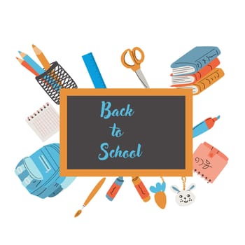 Back to school, kindergarten banner or frame. Children school elements, pencils background with copy space. Children supplies, cute design. Can used for poster, sale banner.