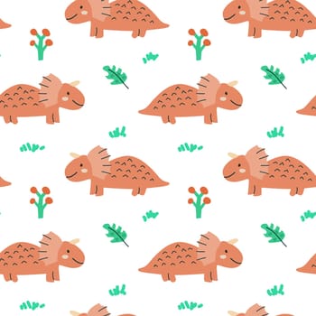 Childrens animals pattern of cute baby dinosaurs collection. For textile. Nursery design. Childrens dinosaurs background with tropical tree. Childish animals pattern, hand drawn elements.