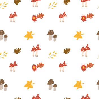 Fall thanksgiving pattern with autumn leaves and plants, animals. Cute fabric design. Thanksgiving day seamless background in traditional colors for clothes, textile, wrapping papers. Cute elements.