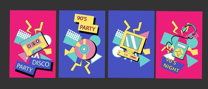 90s music background. Retro disco posters set with y2k or 00s elements. Game or music equipment, laptop from 90s. Bright background for social network.