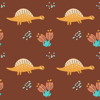 Childrens animals pattern of cute baby dinosaurs collection. For textile. Nursery design. Childrens dinosaurs background with tropical tree. Childish animals pattern, hand drawn elements.