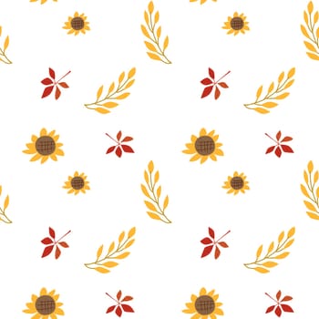 Fall thanksgiving pattern with autumn leaves and plants, animals. Cute fabric design. Thanksgiving day seamless background in traditional colors for clothes, textile, wrapping papers. Cute elements.