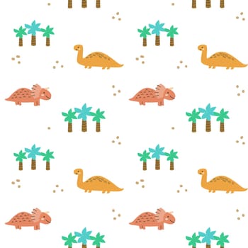 Childrens animals pattern of cute baby dinosaurs collection. For textile. Nursery design. Childrens dinosaurs background with tropical tree. Childish animals pattern, hand drawn elements.