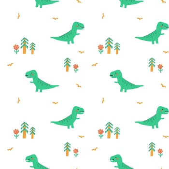 Childrens animals pattern of cute baby dinosaurs collection. For textile. Nursery design. Childrens dinosaurs background with tropical tree. Childish animals pattern, hand drawn elements.