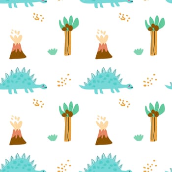 Childrens animals pattern of cute baby dinosaurs collection. For textile. Nursery design. Childrens dinosaurs background with tropical tree. Childish animals pattern, hand drawn elements.