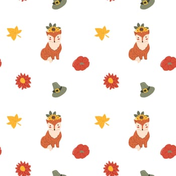 Fall thanksgiving pattern with autumn leaves and plants, animals. Cute fabric design. Thanksgiving day seamless background in traditional colors for clothes, textile, wrapping papers. Cute elements.