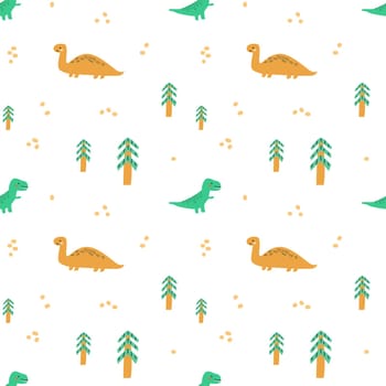 Childrens animals pattern of cute baby dinosaurs collection. For textile. Nursery design. Childrens dinosaurs background with tropical tree. Childish animals pattern, hand drawn elements.