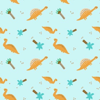 Childrens animals pattern of cute baby dinosaurs collection. For textile. Nursery design. Childrens dinosaurs background with tropical tree. Childish animals pattern, hand drawn elements.