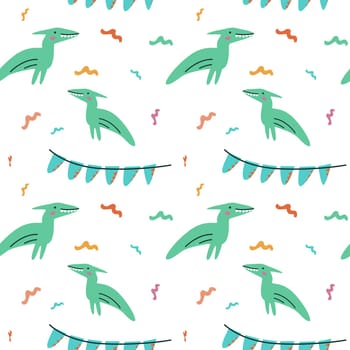 Childrens animals pattern of cute baby dinosaurs collection. For textile. Nursery design. Childrens dinosaurs background with tropical tree. Childish animals pattern, hand drawn elements.