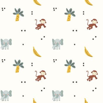 Childrens animals pattern with tropical plants. Childish cute print design with african animals and palm and hand drawn elements. Kids nursery scandinavian cartoon characters.