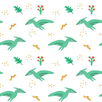 Childrens animals pattern of cute baby dinosaurs collection. For textile. Nursery design. Childrens dinosaurs background with tropical tree. Childish animals pattern, hand drawn elements.